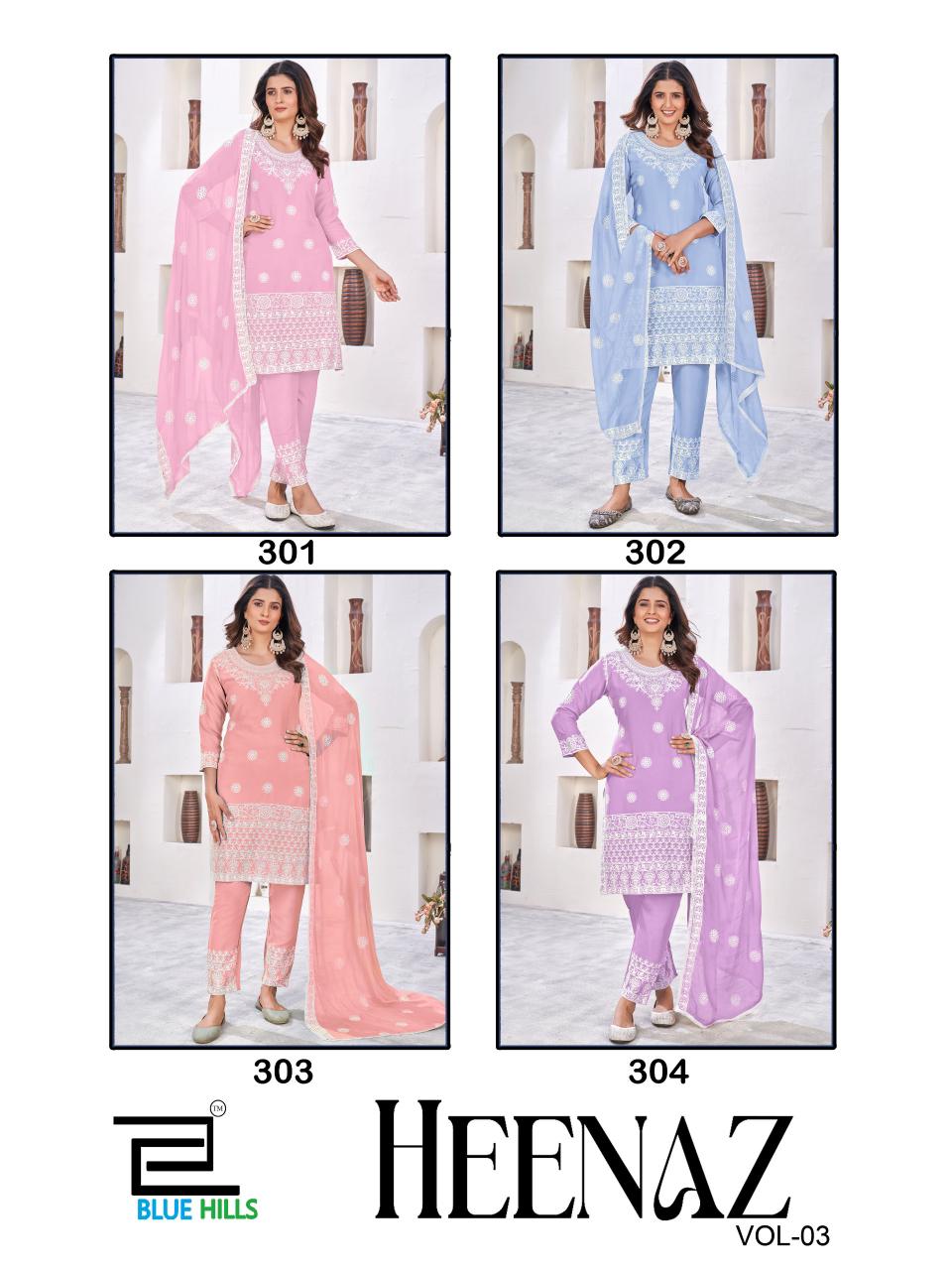 Heenaz Vol 3 By Blue Hills Rayon Embroidery Kurti With Bottom Dupatta Wholesale Shop In Surat

